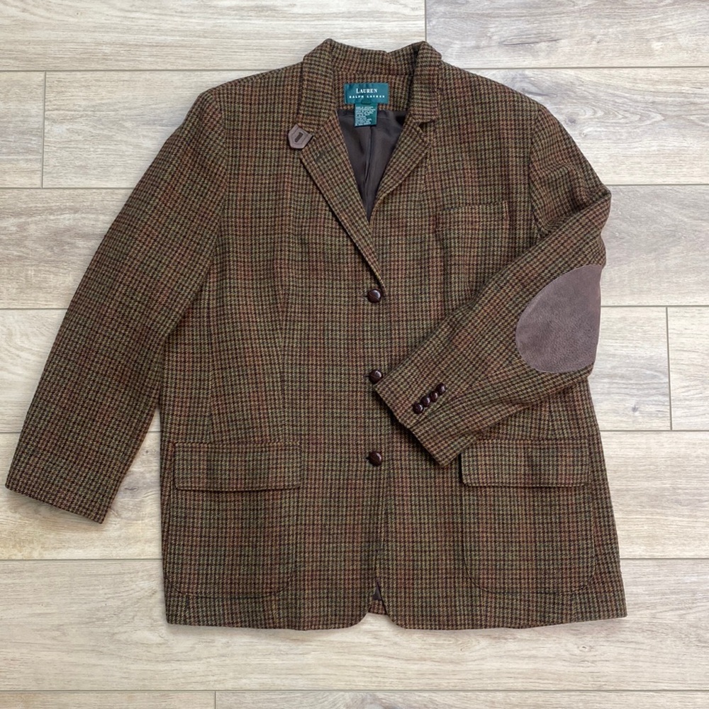 Ralph Lauren Brown Houndstooth Wool-Blend Blazer with Suede Elbow Patches